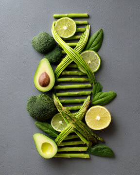 Avocado spinach asparagus lentils and citrus in spiral DNA composition showcasing folate foods prenatal wellness and genetic health concept