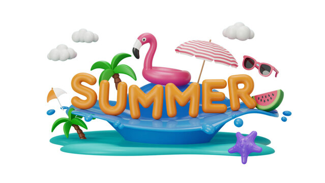 Colorful flamingo and tropical fruits floating on a blue water wave with summer elements Vector