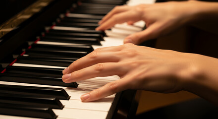 Fototapeta premium Musician Playing Piano with Focus, Classical and Modern Keyboard Performance, Art and Lifestyle Theme