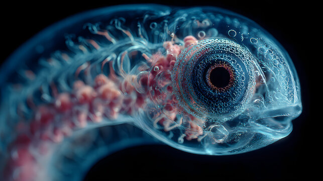 Macro view of a translucent animal embryo showing nervous system and spinal development. Biological science visualization.