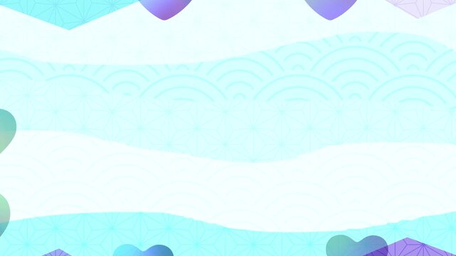 Elegant Soft Blue Background featuring Japanese Patterns and Floating Hearts