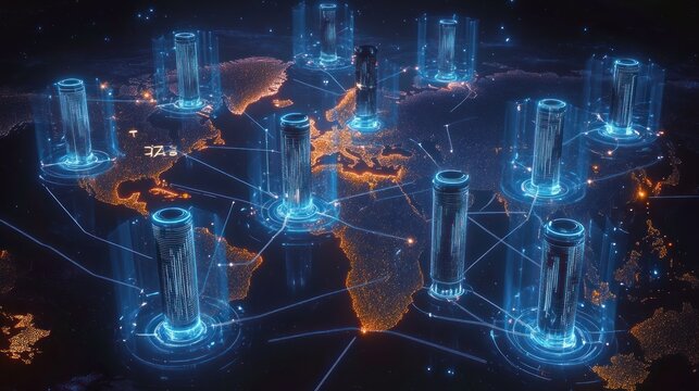 Futuristic holographic server towers connected across a glowing world map, neon blue network lines linking illuminated continents, conveying fast global connectivity and power