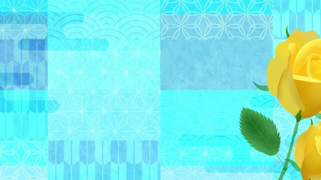 Blue Japanese Patterns Background with Yellow Roses