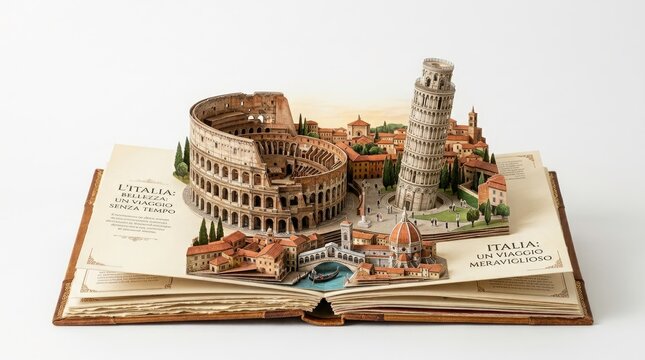 Collage of Italian landmarks pop up book: Colosseum, leaning tower of Pisa, Italy.
