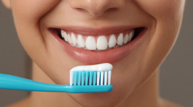 Smiling woman holding blue toothbrush near white teeth, oral care concept with clean mouth and fresh smile