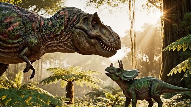 Tyrannosaurus rex dinosaurs roaming prehistoric forest landscape with sunlight