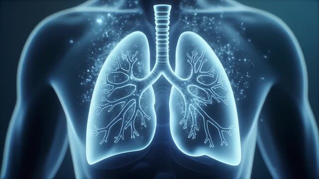 Glowing transparent lung with flowing oxygen particles, macro medical visualization of breathing, serene 8K.
