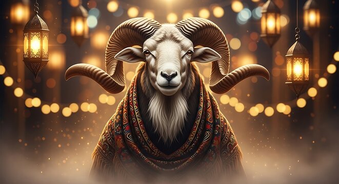 A majestic ram wearing a traditional patterned shawl set against a festive background with glowing golden lanterns.
