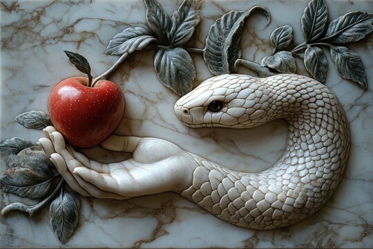 marble bas-relief of a coiled snake reaching toward a glossy red apple held in an outstretched hand amid carved leaves, evoking temptation and tension