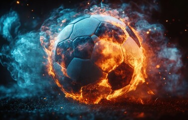 Fototapeta premium soccer ball engulfed in blue and orange flames with swirling smoke and glowing embers on wet turf conveying intense dynamic energy