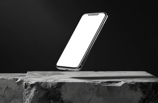 sleek smartphone with blank white screen levitating above a rough stone pedestal in a dark minimalist studio, futuristic and mysterious mood