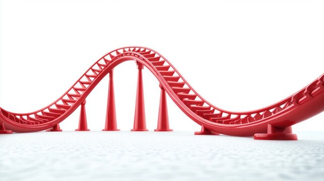 red roller coaster track with smooth sweeping hills and support columns on a white minimalist surface, evoking playful energetic motion
