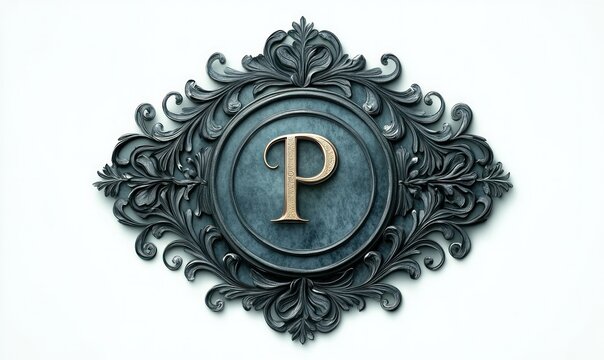 ornate teal metal medallion with gold letter p, intricate baroque scrollwork and floral flourishes, embossed roundel monogram conveying elegance and vintage luxury