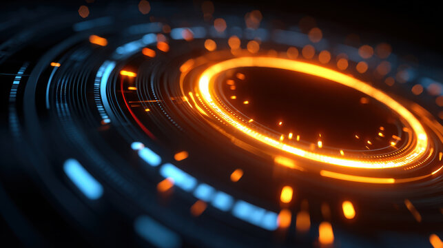 Digital technology background with glowing orange light and blue ring, futuristic abstract circle, dark motion blur, energy effect, digital interface