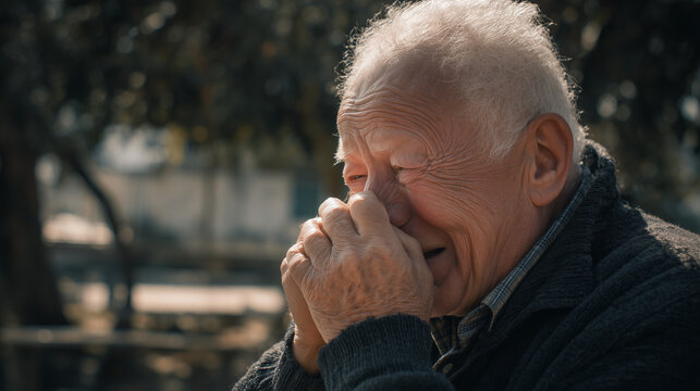 Elderly man crying with hands near face in emotional close up outdoor portrait