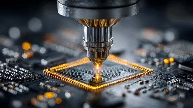Precision laser machine etching microchip on circuit board with sparks. Advanced semiconductor manufacturing and nanotech production.