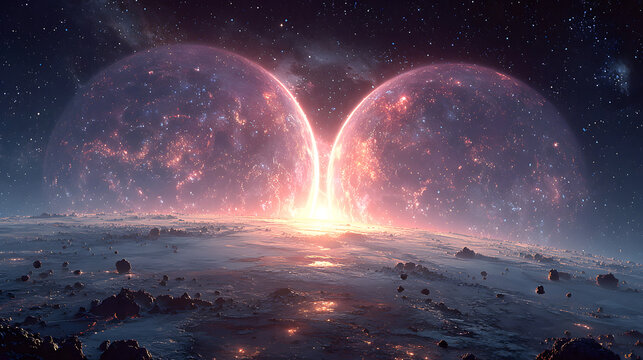 Two luminous glowing planets colliding in a starry nebula. Sci-fi cosmic event, celestial explosion, and planetary formation background.