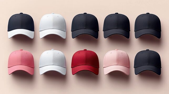 two neat rows of front-facing baseball caps on a pale background, assorted black, white, red and pink colors, minimalist organized and stylish product display