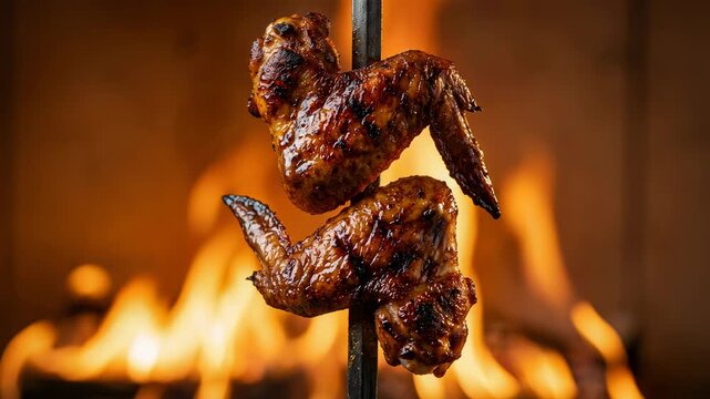 Two juicy marbled chicken wings grill skewered on iron stick in upright position, orange background, fiery flames behind, 4K video