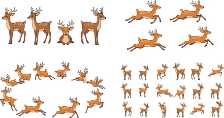 Obraz premium Set of Playful Reindeer Illustrations in Different Poses, Featuring Adult and Baby Reindeer with Antlers, Ideal for Christmas and Winter Themes