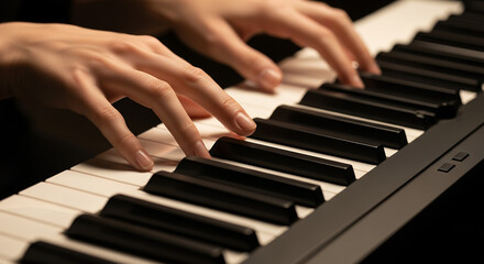 Fototapeta premium Person Playing Piano Keyboard, Music Practice and Creative Expression Concept