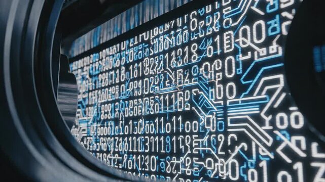 A close-up view of a digital display showing a complex circuit board pattern with numerous binary code sequences in white and blue