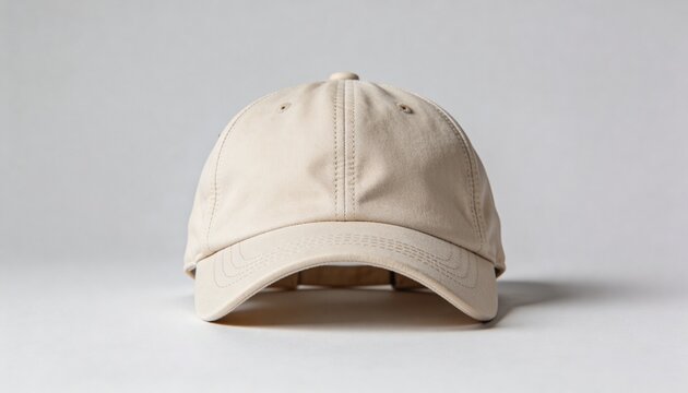 A plain beige baseball cap displayed front on against a neutral light gray studio background with soft lighting