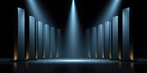 Fototapeta premium Futuristic stage with glowing vertical columns and spotlight beams on dark reflective floor, modern concert platform in blue light