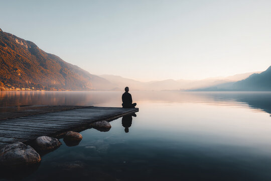 Serene lake autumn mountain wooden pier calm water morning mist meditation reflection solitude