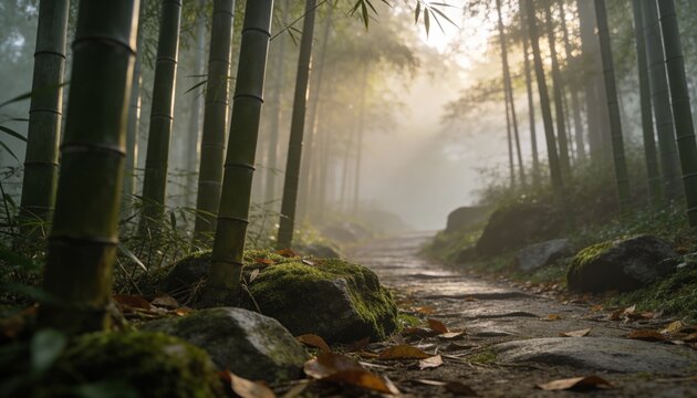 Misty bamboo forest path with sunlight streaming through the trees and mossy rocks
