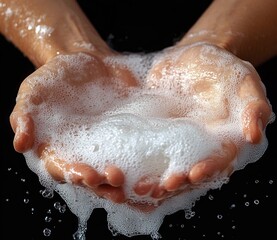 Fototapeta premium two cupped soapy hands holding suds and water droplets against a dark background, conveying cleanliness and gentle care