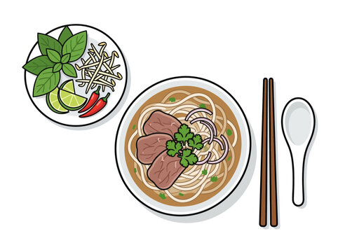 Illustration of a traditional Vietnamese beef pho noodle soup bowl.