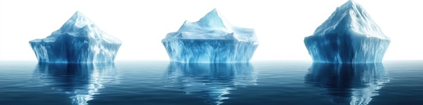 Three luminous blue icebergs floating on a calm reflective sea, evoking serene cold and isolated tranquility