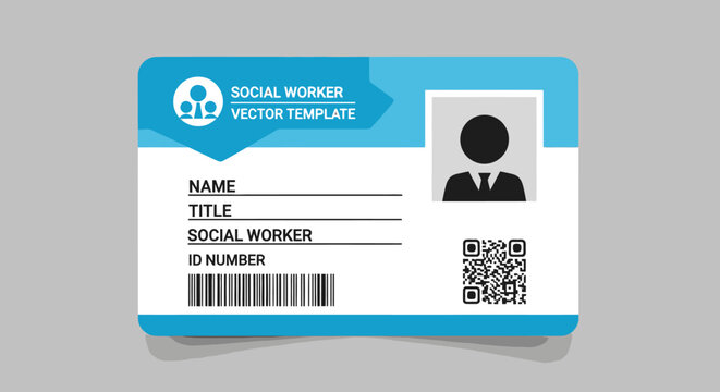 Social worker ID badge template with QR code and barcode