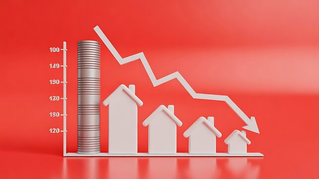Declining business chart with downward arrow and houses representing real estate market crash and financial loss concept 