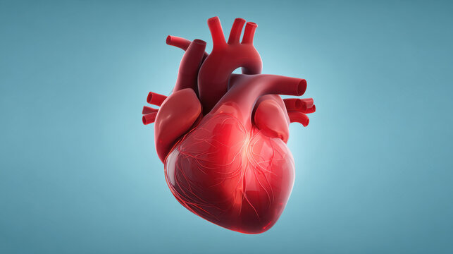 Glowing red anatomical heart in medical illustration on blue background