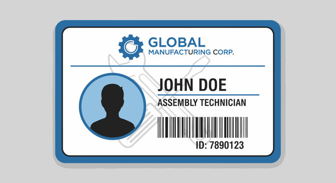 ID badge for assembly technician with barcode and company logo