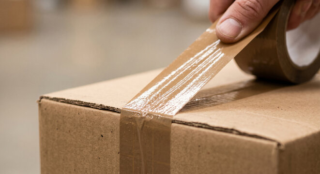 A person's hand sealing a brown cardboard box with clear packing tape, preparing it for shipment or storage.