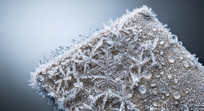 Detailed close-up of intricate frost and ice crystals, including a large snowflake, on a textured surface.