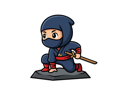 Cute cartoon ninja character in dynamic combat pose with katana sword.