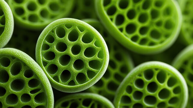 Green round cells close up macro photography, abstract green cellular pattern with textured circles, scientific background and organic looking structure