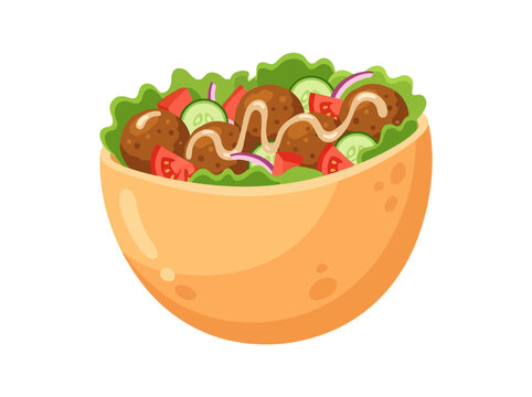 Illustration of a delicious pita bread bowl filled with falafel and fresh salad.