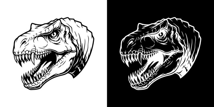 Detailed T-Rex Head Illustration in Black and White.