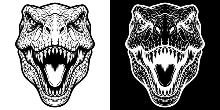 Detailed T-Rex Head Illustration in Black and White.