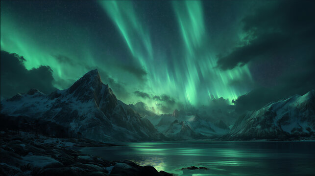 Vivid green aurora borealis glowing over snowy mountains and calm fjord in dramatic arctic night landscape
