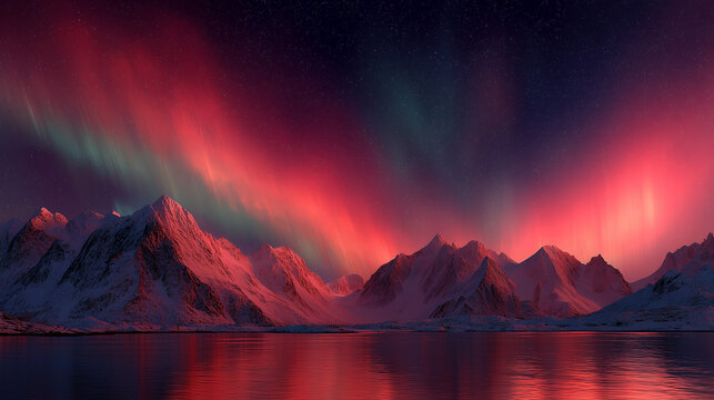 Vivid red aurora borealis glowing over snowy mountains and a calm fjord in a dramatic arctic night landscape