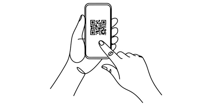 A hand holding a mobile phone and scanning a qr code on the screen with a finger touch in a simple black and white line art drawing illustration style