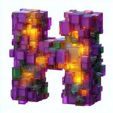glowing voxel letter h made of translucent purple cubes with warm orange inner light and patches of green moss, crystalline futuristic structure evoking wonder