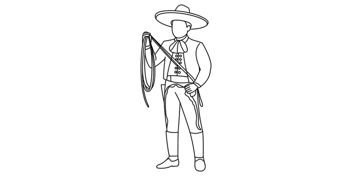 Mexican charro man wearing a traditional sombrero hat and holding a lasso rope in a classic western outfit style black and white line art drawing
