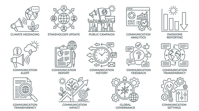 Set of corporate communication and business management icons.